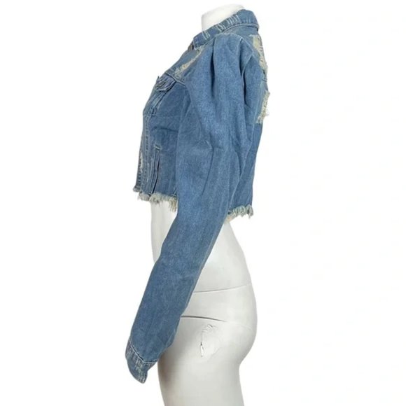 Cropped Denim Jacket with Puffy Sleeves - Picture 3 of 4